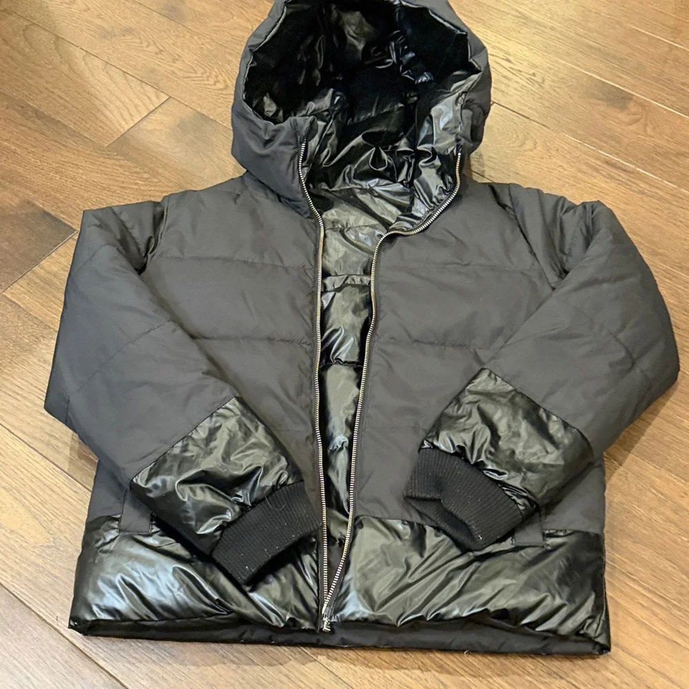 J.Crew Women’s Reversible Metallic Puffer Black Coat Hooded Small? C20-005